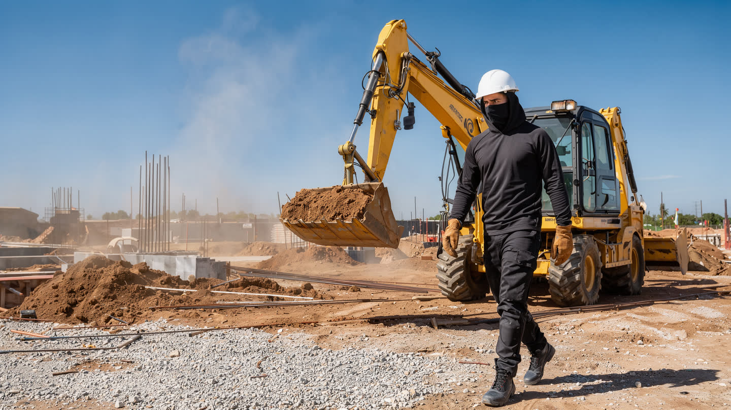 Un trabajador camina por una obra junto a una retroexcavadora, con casco, guantes y el hoodie negro con capucha y tapabocas.