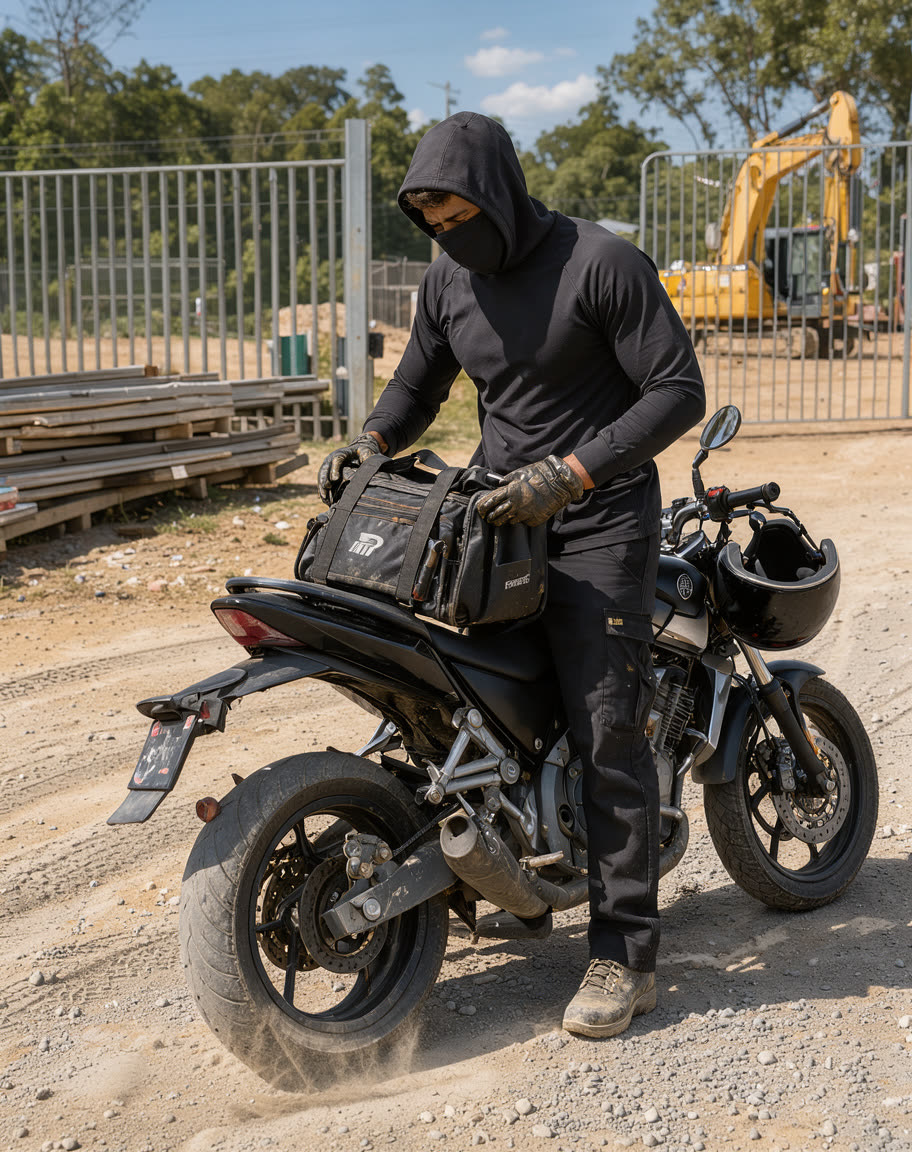 Un técnico llega en moto a una obra y baja su maletín de herramientas, con el hoodie negro, capucha y tapabocas.
